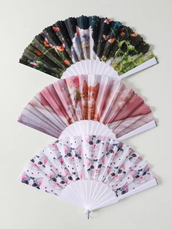 Веер пластик, текстиль Веер пластик, текстиль "Кошечки и цветы" МИКС широкие лопасти 23 см