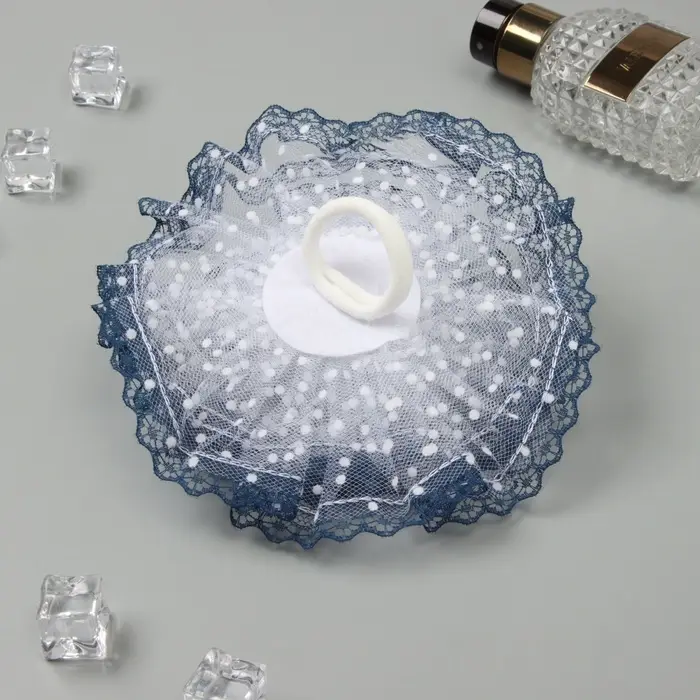 Бант для волос на резинке &laquo;Школьница&raquo;, волна кружева контраст горох, d=15 см, сине-белый