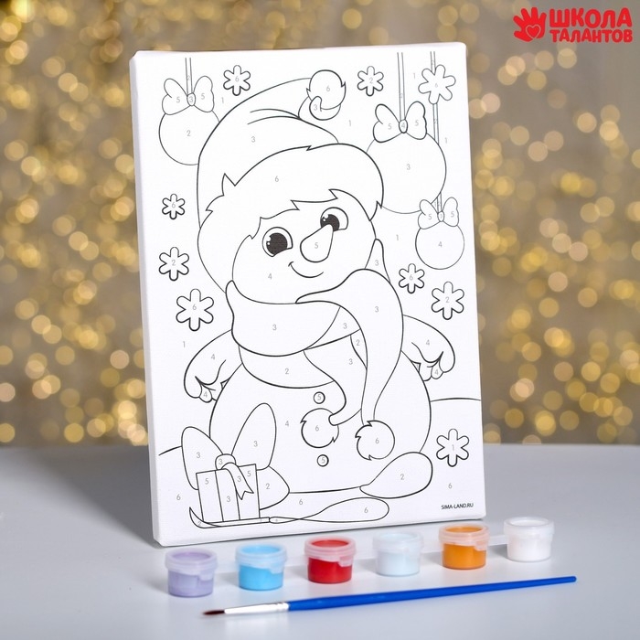 Картина по номерам на холсте с подрамником на новый год «Снеговичок с подарком», 15 х 21 см Картина по номерам на холсте с подрамником на новый год «Снеговичок с подарком», 15 х 21 см