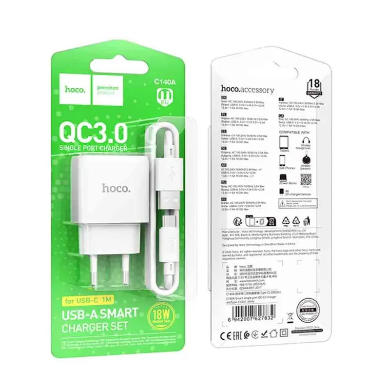 Сетевое зарядное устройство с кабелем USB на Type-C 2.1A 18W C140A HOCO белое