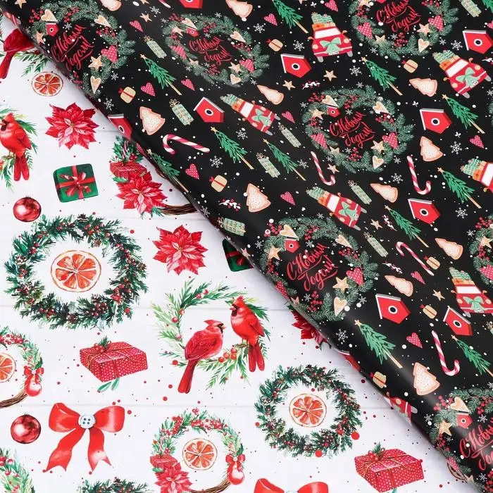 Бумага упаковочная глянцевая «Рождественские веночки», двусторонняя, 70×100 см