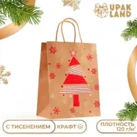 Пакет крафт с тиснением, «Ёлка» круглая ручка, 21×27×11 см, 120 г