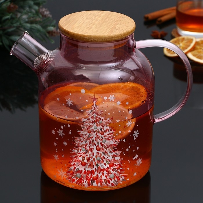 Новый год. Чайник заварочный стеклянный с бамбуковой крышкой «Розовая сказка», 1700 мл Новый год. Чайник заварочный стеклянный с бамбуковой крышкой «Розовая сказка», 1700 мл