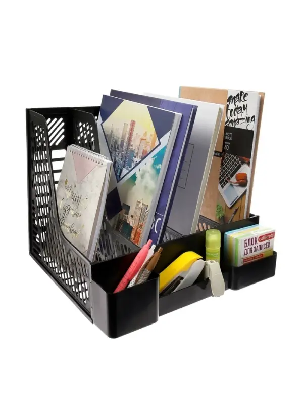 Лоток для бумаг Calligrata с отделениями для пишущих принадлежностей, вертикальный, 4 отделения, чёрный