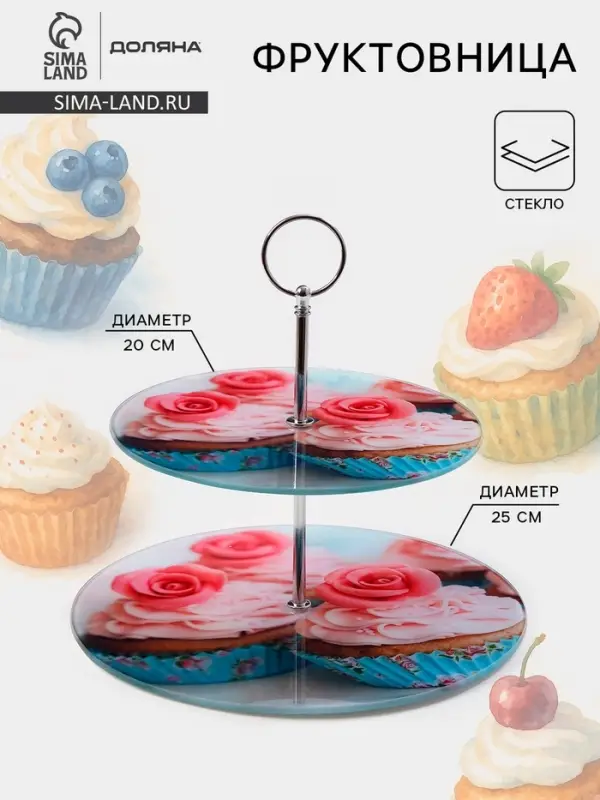 Этажерка-фруктовница круглая Доляна &laquo;Маффин&raquo;, 2 яруса, d=25/20 см, стекло