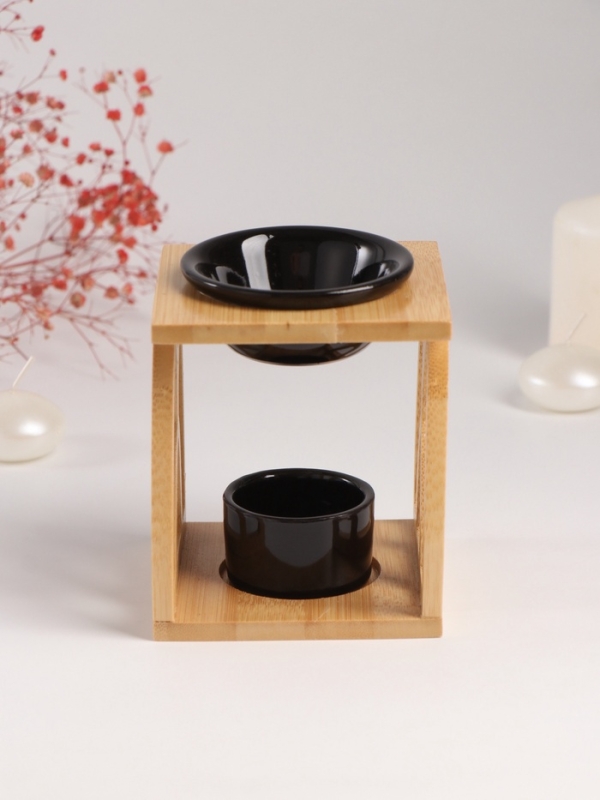 Аромалампа бамбук, керамика с подставкой под свечу Аромалампа бамбук, керамика с подставкой под свечу "Узоры" чёрная 9,5х9,5х13,5 см