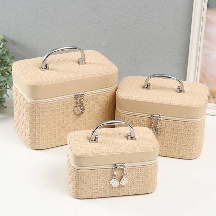 Шкатулка кожзам с зеркалом  Шкатулка кожзам с зеркалом "Вязка. бежевая" набор 3 шт 21х13,5х13;18,5х10,5х10;16,5х15х23 см