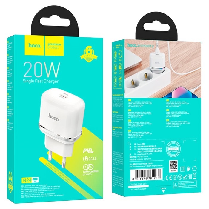 Сетевое зарядное устройство Hoco N24, 1 Type-C, 20 Вт, PD + QC, белое Сетевое зарядное устройство Hoco N24, 1 Type-C, 20 Вт, PD + QC, белое