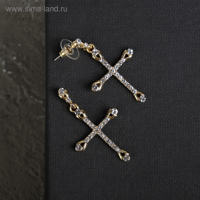 Серьги со стразами «Крестики» вставки, цвет белый в золоте