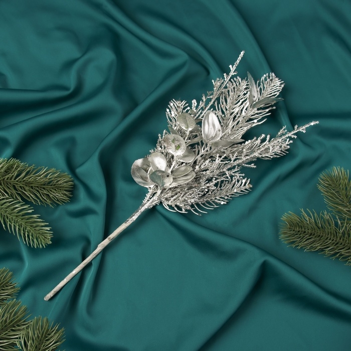 Декор  Декор "Новогодняя грация" веточка листочки, 37х14 см, серебро