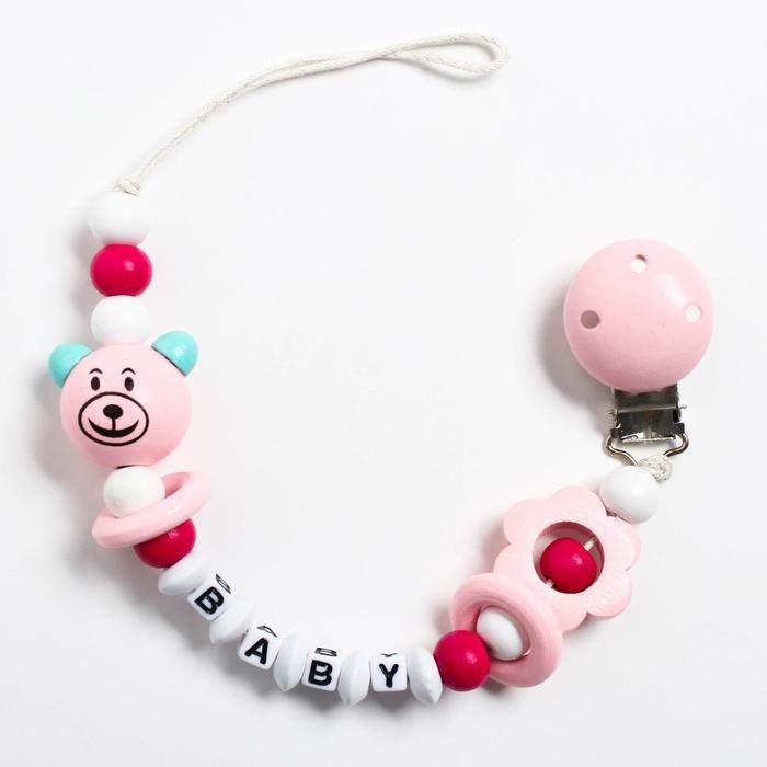 Держатель для соски - пустышки «Мишка», деревянный, цвет розовый Держатель для соски - пустышки «Мишка», деревянный, цвет розовый