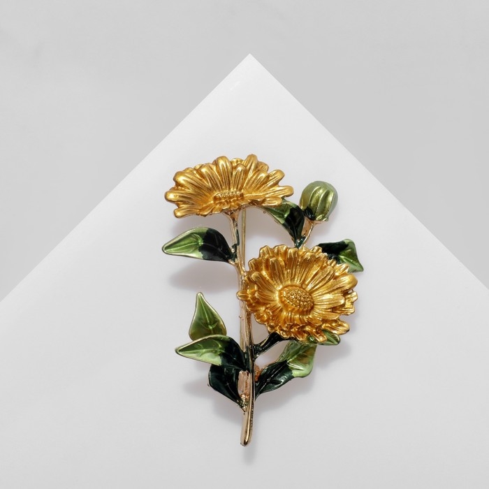 Брошь Брошь "Цветы" календула, цвет желто-зеленый в золоте