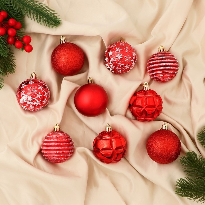 Набор шаров пластик d-5,5 см, 9 шт Набор шаров пластик d-5,5 см, 9 шт "Гармония" звёзды полоски, красно-белый