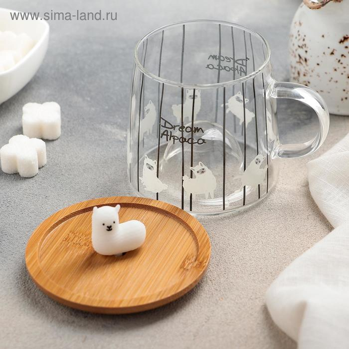 Кружка стеклянная с деревянной крышкой «Лама», 300 мл, рисунок МИКС Кружка стеклянная с деревянной крышкой «Лама», 300 мл, рисунок МИКС