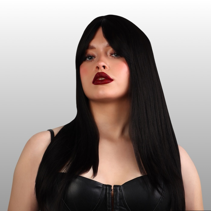 Парик искусственный, с чёлкой, имитация кожи, 60 см, цвет чёрный Парик искусственный, с чёлкой, имитация кожи, 60 см, цвет чёрный