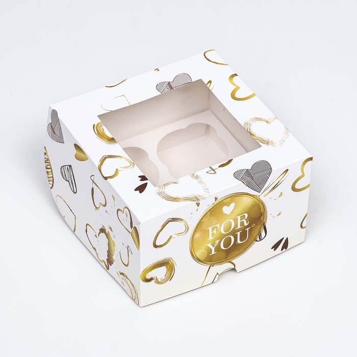 Коробка для 4 капкейков с окном ,  Коробка для 4 капкейков с окном , "For you", 16 х 16 х 10 см