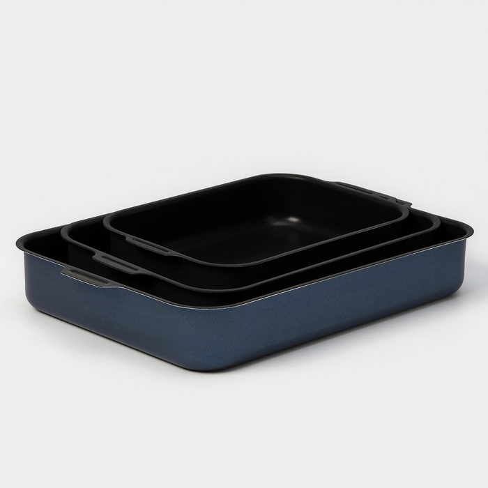 Набор противней «Лазоньера», 3 предмета: 19×25 см, 23×30 см, 27×35 см, h=7 см, антипригарное покрытие, цвет синий Набор противней «Лазоньера», 3 предмета: 19×25 см, 23×30 см, 27×35 см, h=7 см, антипригарное покрытие, цвет синий