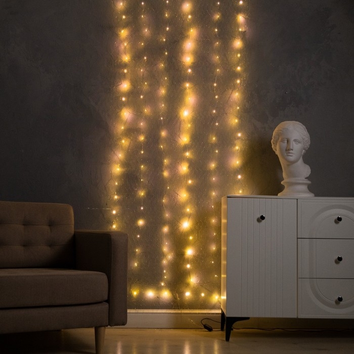 Гирлянда «Звёздное небо» 1 × 5 м роса, IP44, УМС, серебристая нить, 300 LED, свечение тёплое белое