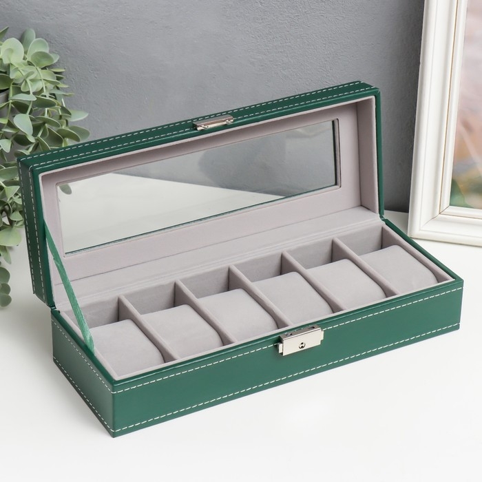 Шкатулка кожзам под часы 6 отделений  Шкатулка кожзам под часы 6 отделений "Зелёная с белой строчкой" 8х30х11 см