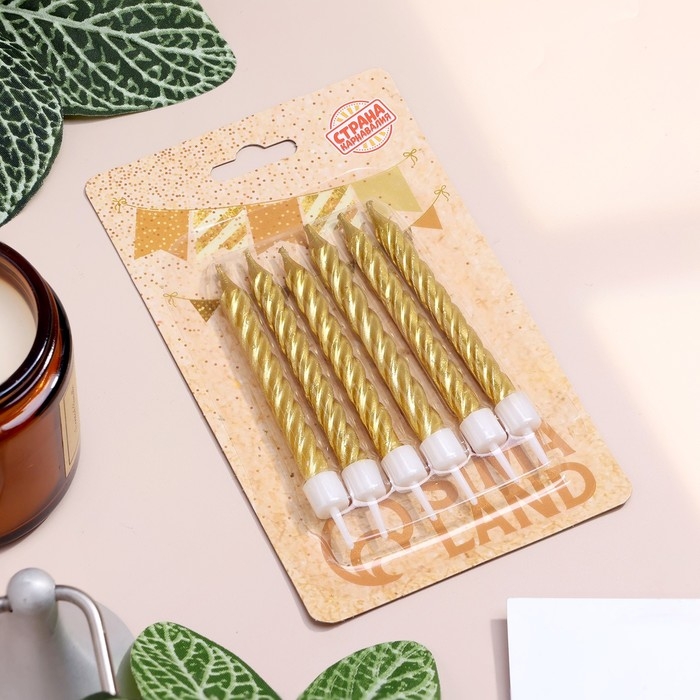 Свечи в торт с подставками, золотые, средние, набор 6 шт, 8 см Свечи в торт с подставками, золотые, средние, набор 6 шт, 8 см