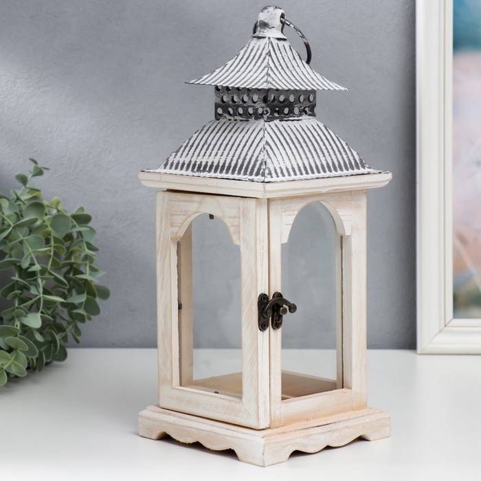 Подсвечник дерево "Фонарь с полосатой крышей" состаренный набор 2 шт 31х14х14 52х20х20 см