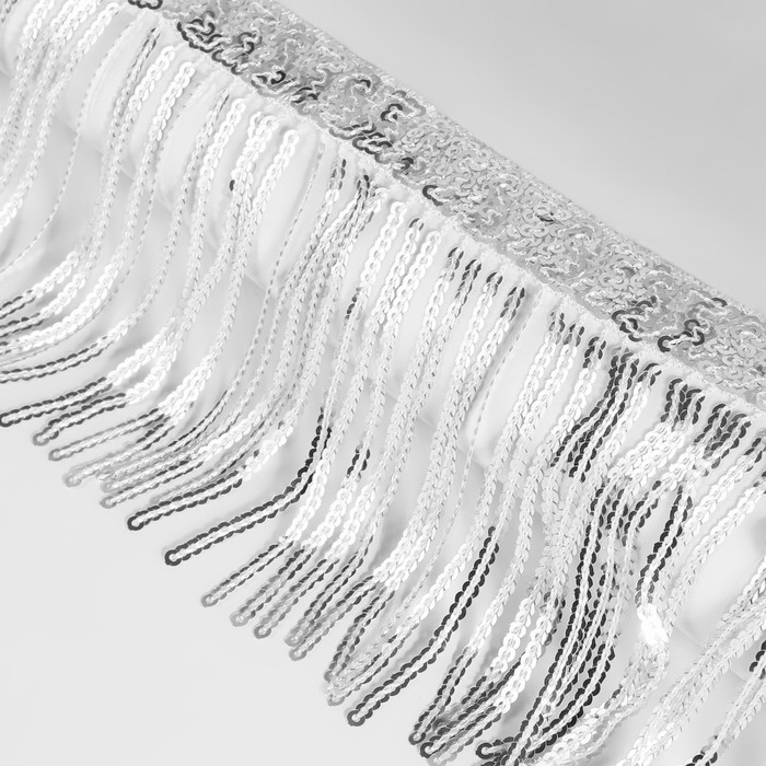 Тесьма с пайетками «Бахрома», d = 3 мм, 10 см, 4,5 ± 0,5 м, цвет серебряный Тесьма с пайетками «Бахрома», d = 3 мм, 10 см, 4,5 ± 0,5 м, цвет серебряный