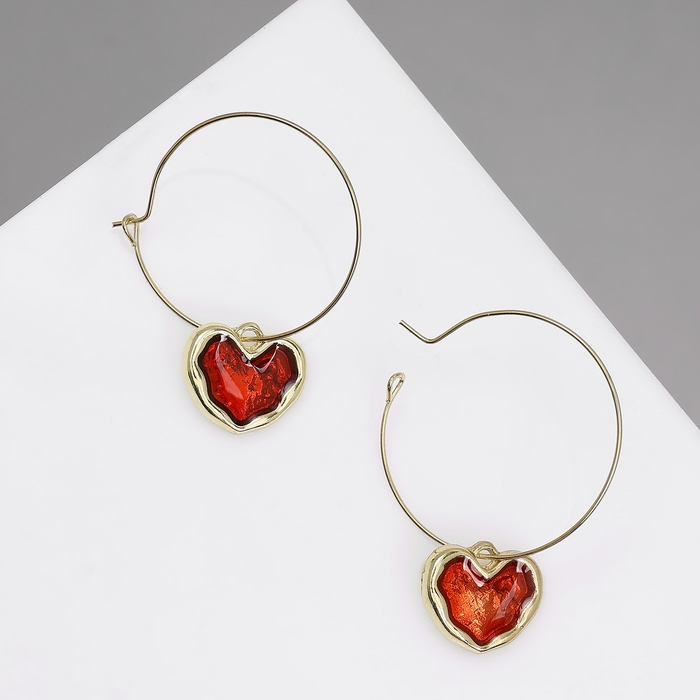 Серьги-кольца «Сердечки» глазурь, цвет красный в золоте Серьги-кольца «Сердечки» глазурь, цвет красный в золоте