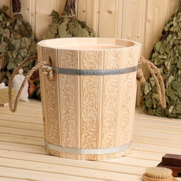 Запарник-ведро из липы, 10 л, с пластиковой вставкой,  Запарник-ведро из липы, 10 л, с пластиковой вставкой, "Русские узоры"