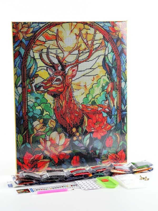 Алмазная мозаика с полным заполнением на холсте с подрамником «Витраж с оленем», 40 х 50 см Алмазная мозаика с полным заполнением на холсте с подрамником «Витраж с оленем», 40 х 50 см