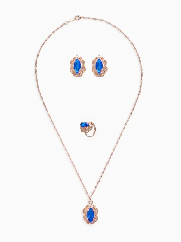 Гарнитур 3 предмета: серьги, кулон, кольцо безразмерное &laquo;Эдель&raquo;, ажурный овал, син в золоте, 45 см