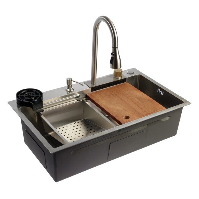 Кухонная мойка ZEIN M01, S=3.0 и 0.7 мм, смеситель, корзины, разделочная доска, сифон, сатин Кухонная мойка ZEIN M01, S=3.0 и 0.7 мм, смеситель, корзины, разделочная доска, сифон, сатин