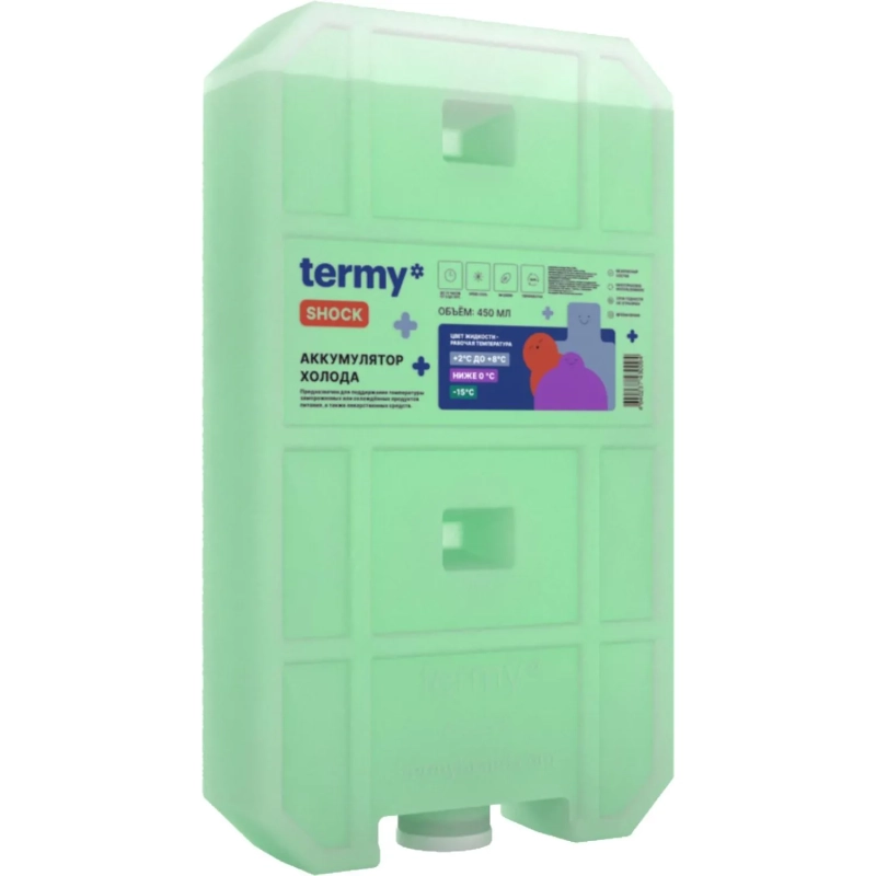 Аккумулятор холода 450мл Водно-Солевой 0 -15С_ Зеленый  Пробка ТермиШок