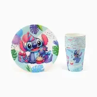 Посуда одноразовая бумажная на 10 персон: стаканы, тарелки, скатерть, Стич