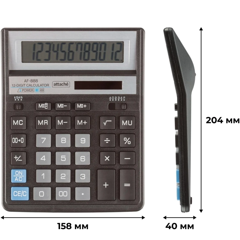 Калькулятор настольный ПОЛНОРАЗМЕРНЫЙ AttacheAF-888,12р,дв.пит204x158мм,ч/с