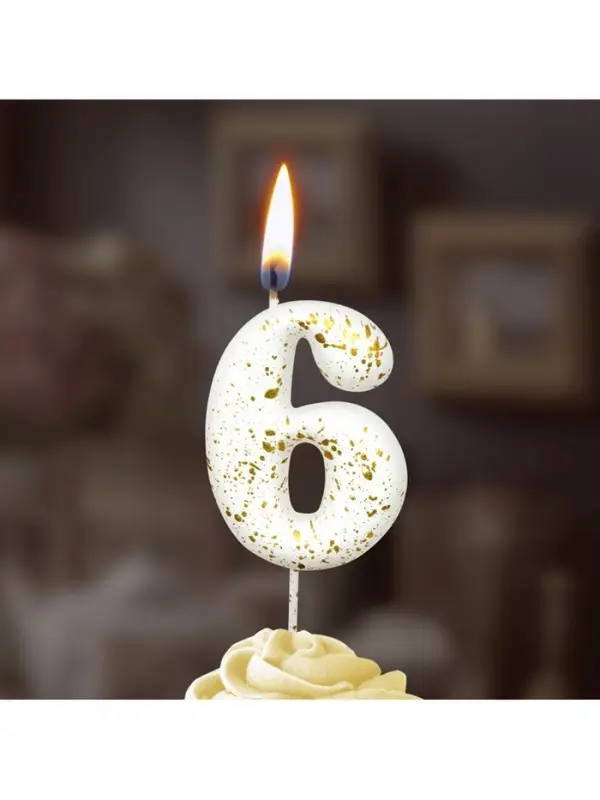 Свеча в торт "Белые брызги", цифра "6"