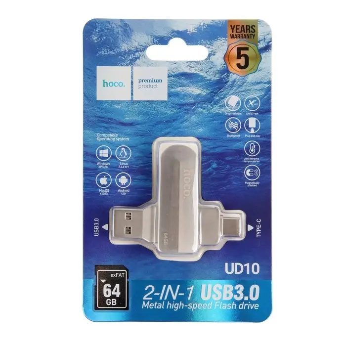 Флешка OTG Hoco UD10 Wise, 64 ГБ, USB 3.0, USB/Type-C, чтение до 120 Мб/с, запись до 30 Мб/с, металл