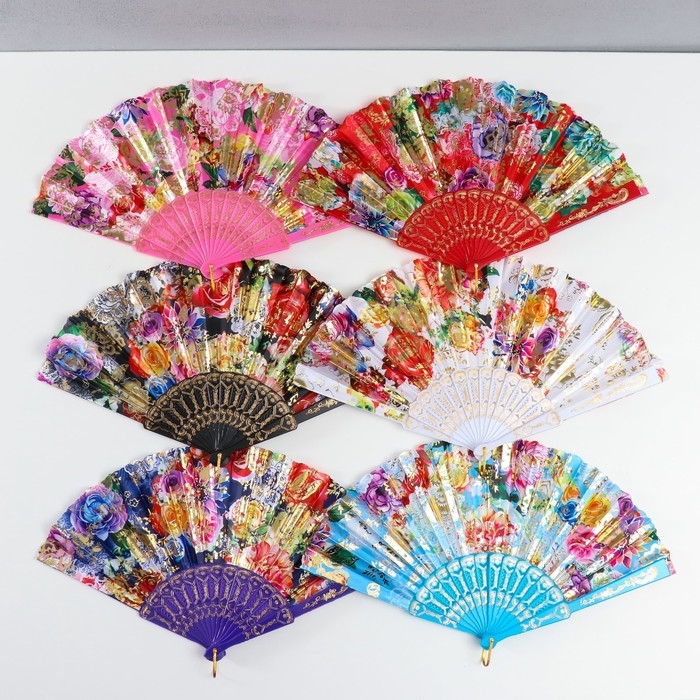 Веер пластик изгиб  Веер пластик изгиб "Цветочница" золото МИКС 23 см