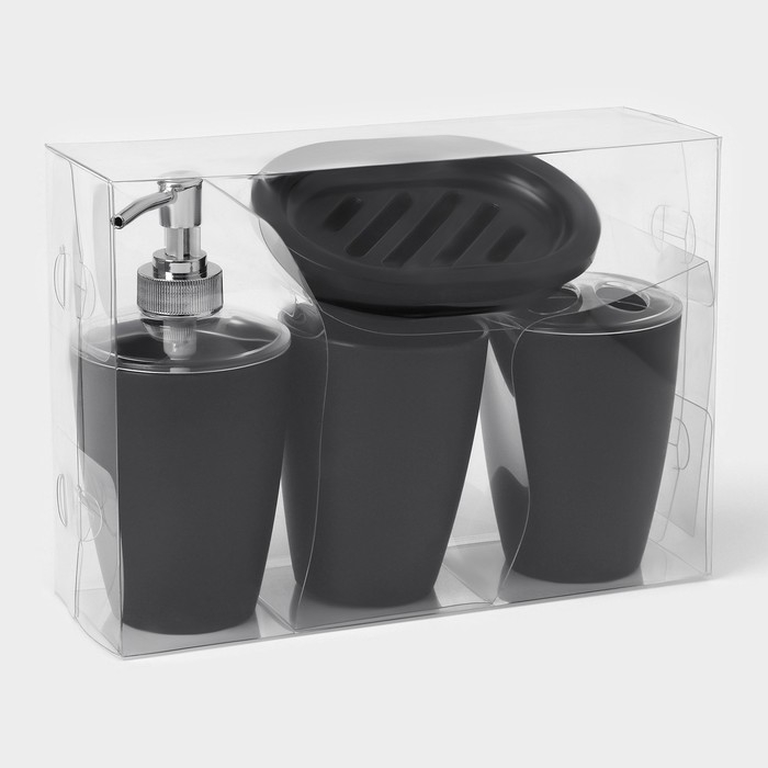 Набор для ванной «Эталон», 4 предмета: дозатор для мыла, мыльница, 2 стакана, 24×8×17 см, цвет чёрный Набор для ванной «Эталон», 4 предмета: дозатор для мыла, мыльница, 2 стакана, 24×8×17 см, цвет чёрный