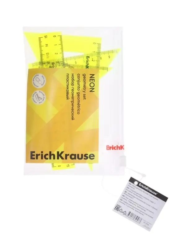 Набор геометрический малый ErichKrause. Neon (угольник, линейка 15 см, транспортир), жёлтый