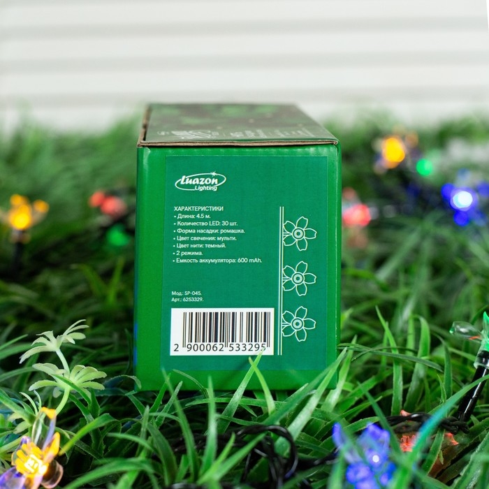 Гирлянда «Нить», 4.5 м, с насадками в виде ромашек, IP44, 30 LED, 2 режима, солнечная батарея, тёмная нить, свечение мульти Гирлянда «Нить», 4.5 м, с насадками в виде ромашек, IP44, 30 LED, 2 режима, солнечная батарея, тёмная нить, свечение мульти