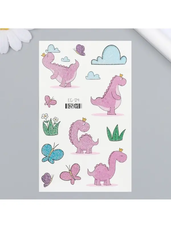 Переводные тату на тело цветные «Розовые динозаврики», блёстки, 12×7.5 см