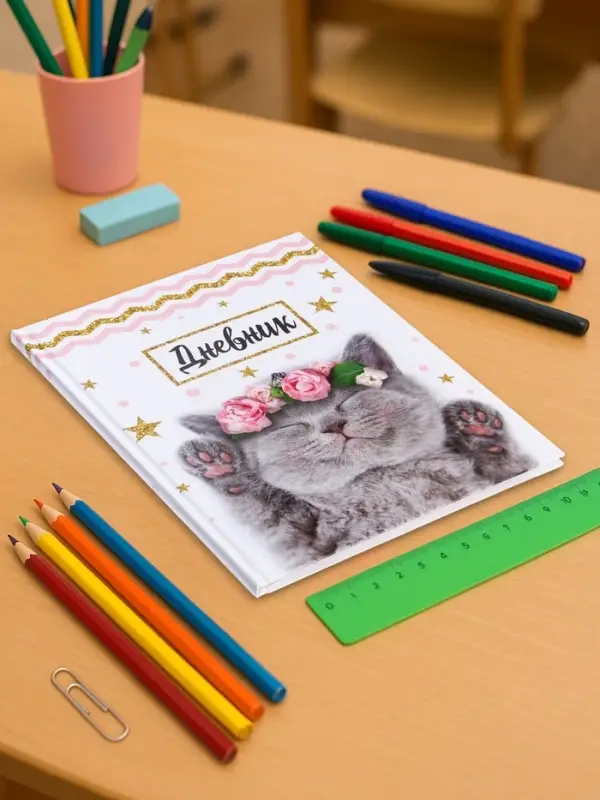 Дневник школьный для 1-11 классов, &laquo;Котенок с розами&raquo;, твёрдая обложка 7БЦ, глянцевая ламинация, 40 листов