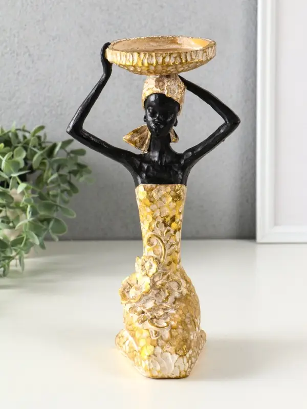 Подсвечник полистоун Подсвечник полистоун "Африканка в косынке с цветами" золото d=8 см 14х15х27,5 см