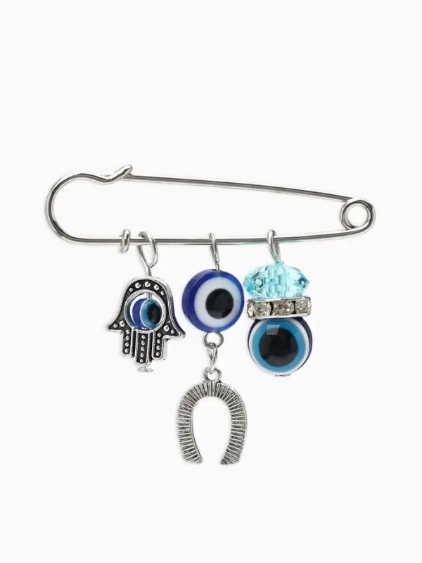 Булавка-оберег 3 подвески &laquo;Рука Хамса&raquo; с подковой, 5 см, синяя в серебре