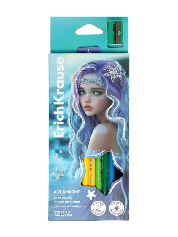 Карандаши 12 цветов, ErichKrause Aquamarine, пластиковые, трехгранные, с точилкой