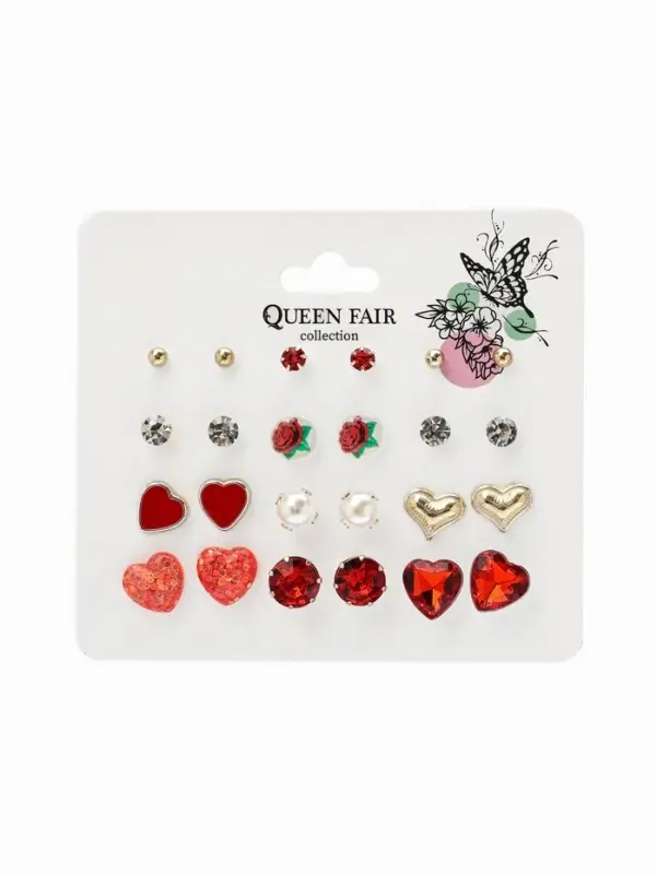 Серьги пусеты QF &laquo;Романтика&raquo;, 12 пар, сердечки, цветные в золоте