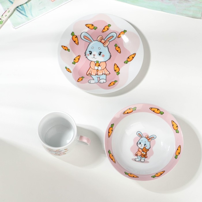 Набор детской посуды из керамики Доляна «Лапочка зайка», 3 предмета: кружка 230 мл, миска 400 мл, тарелка d=18 см Набор детской посуды из керамики Доляна «Лапочка зайка», 3 предмета: кружка 230 мл, миска 400 мл, тарелка d=18 см
