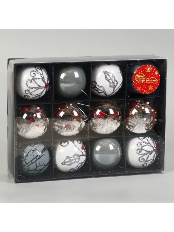 Ёлочные игрушки &laquo;Мелодия&raquo;, шары новогодние, d=6 см, набор 12 шт., ассорти, белый серый