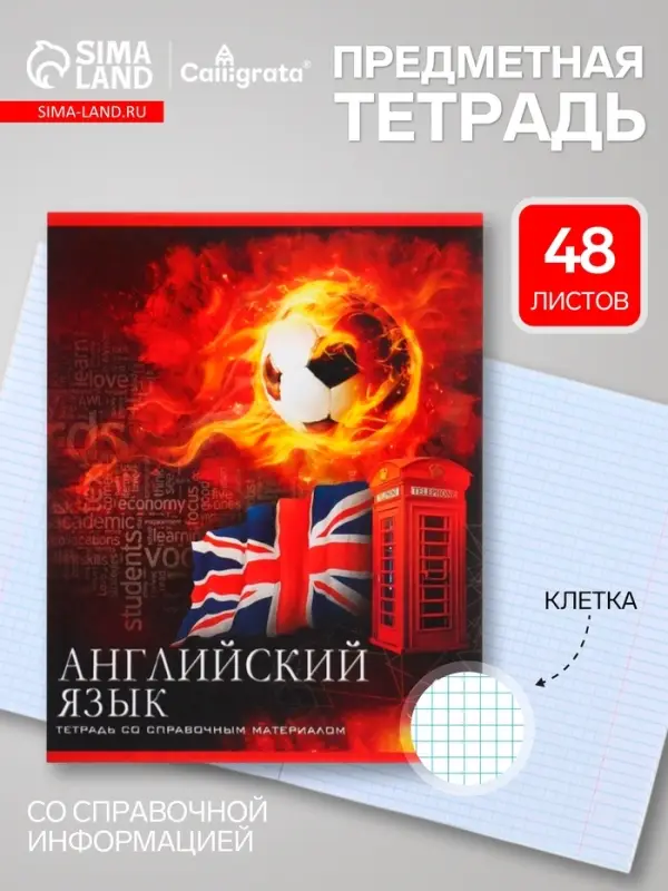 Предметная тетрадь по английскому языку Calligrata &laquo;Футбол&raquo;, 48 листов, в клетку, со справочным материалом, обложка из мелованного картона