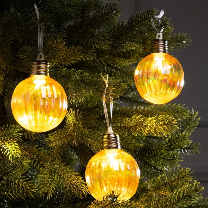 Набор елочных шаров Набор елочных шаров "Золотистые грани", d=7 см, 3 LED, 3 шт, батарейки AG13x9 (нет в комплекте), свечение тёплое белое